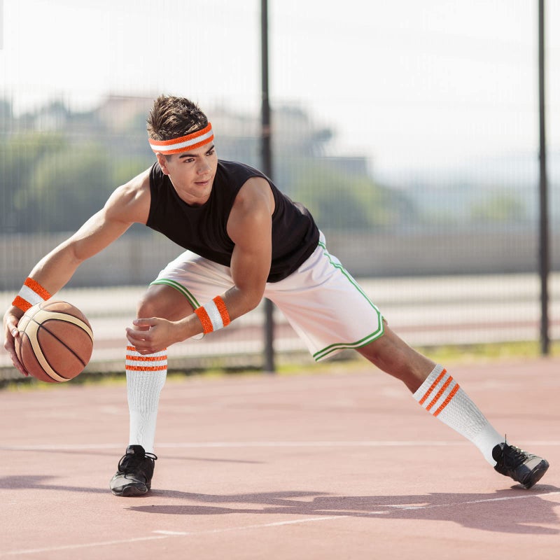 ONUPGO Sweatband Set Sports Headband Wrist Striped Sweatbands Terry Cloth Wristband Athletic Exercise Basketball Wrist Sweatband and Headbands Moisture Wicking Sweat Absorbing Head Band - Image 5